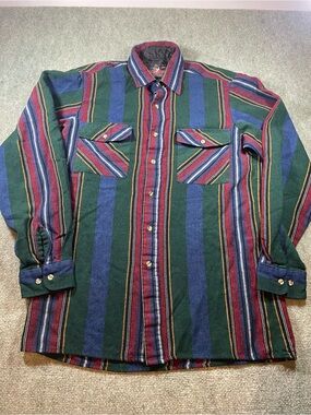 Vintage‎ Men's Striped Button-Up Shirt Jacket - Green Multi large tall